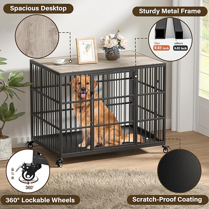 VERIFURTY 42 Inch Heavy Duty Dog Crate Furniture with Self-Locking Latch for Medium and Large Dogs, Escape-Proof Dog Kennel Furniture Indoor, Decorative Pet Cage End Table, Grey