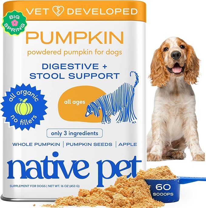 Native Pet Pumpkin for Dogs - Organic Dog Food Topper Powder - Promotes Firm Stools, Supports Digestive, Bowel Health & Nutrient Absorption - USDA Organic, Rich in Fiber with Real Pumpkin - 60 Scoops