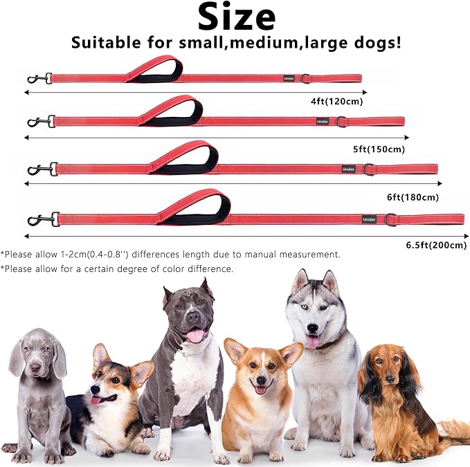 Dog Leash 4ft Long, Double Handle Dog Leash for Safety Control Training, Heavy Duty Dog Leads with Traffic Padded Handles, Reflective Leashes for Small Medium Large Dogs(4ft, Red)