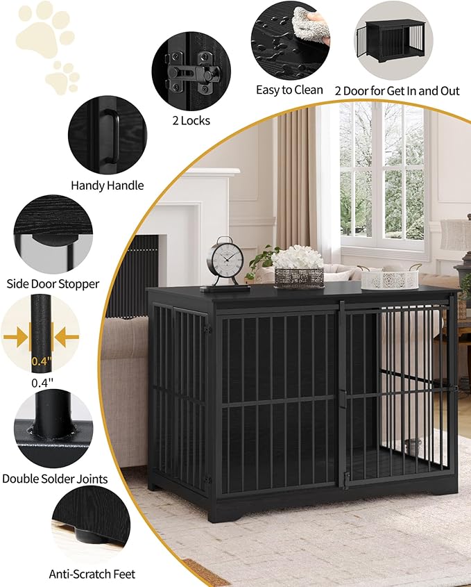 XXL Large Dog Crate Furniture, 46.9" Indoor Dog Kennel Furniture with Barn Door, Wooden Tall Dog Crate, Heavy Duty Dog Cage for Large Dogs, Side End Table, Anti-Chew, Black DFC83804B