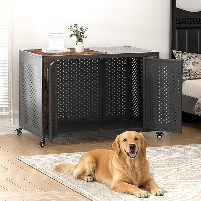 48" Heavy Duty Dog Crate Furniture for Extra Large Dogs, Enclosed Design with 0.5 inch Holes, Indestructible Metal Kennel for High Anxiety Dogs, Chew Proof Pet Cage House Indoor, Brown