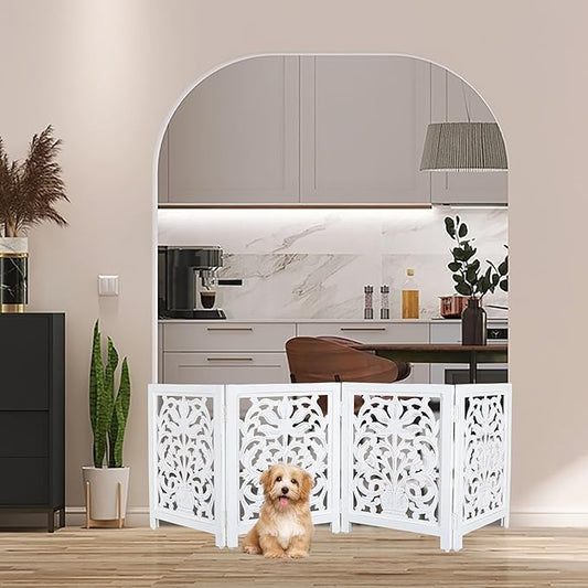 Lightnpro Wooden Dog Gate -Foldable Freestanding Pet Gate for Indoor Use, Adjustable Safety Barrier for Dog, Puppies & Small Pets, for Stairs & Doorways- 24" Height 18" Wide (4 Panel) Antique White