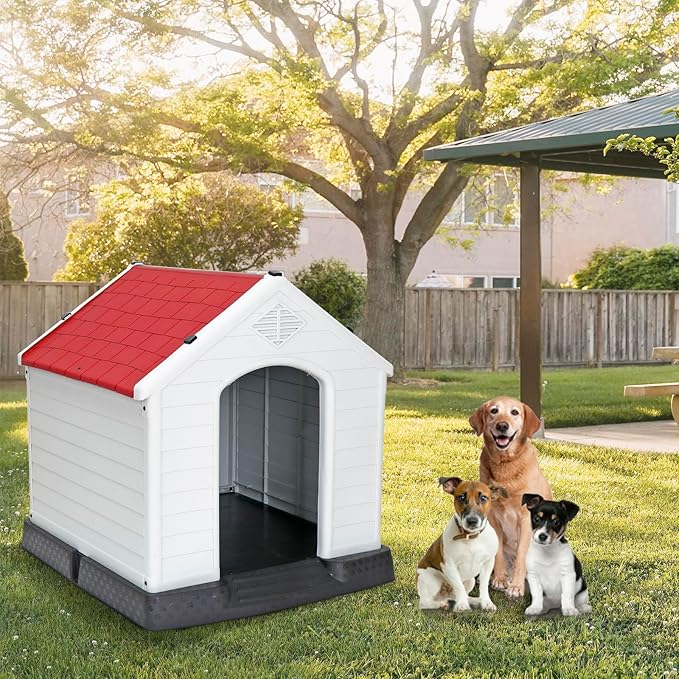 Large Plastic Dog House Indoor Outdoor Doghouse Dog Kennel Easy to Assemble Puppy Shelter with Air Vents Elevated Floor Waterproof Red