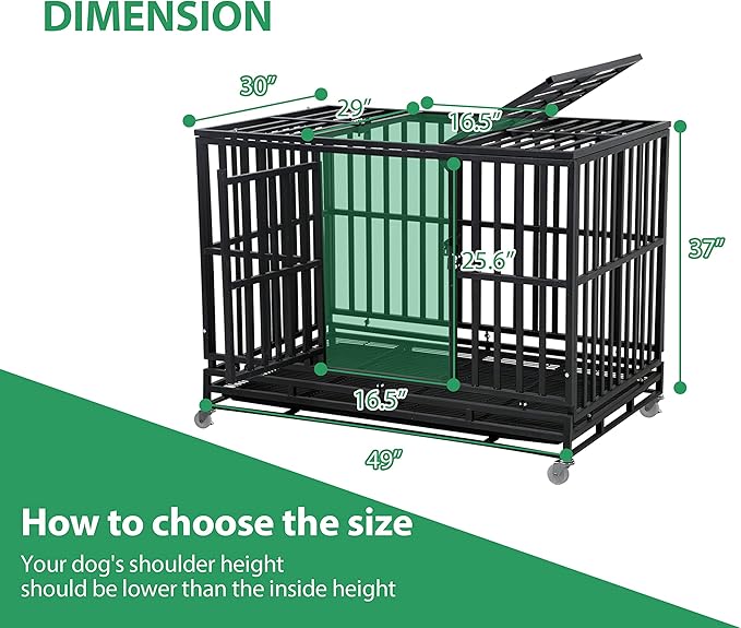 48'' Heavy Duty Dog Crate for Medium and Large Dogs Thickened Metal Dog Cage with Wheels, Double Doors & Locks Design Escape Proof, Indoor Large Dog Crate Heavy Duty Stackable Dog Kennel with Tray