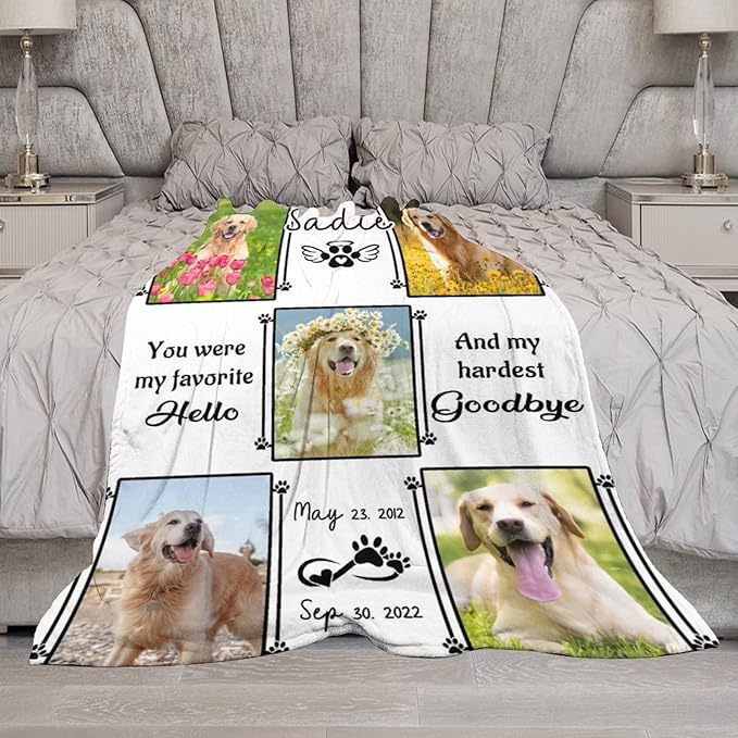 Artsadd Custom Throw Blanket with Dog Cat Pet Pictures & Name, Dog Memorial Blanket Personalized Memory Gift for Family and Friends Customized Bed Throw Blanket Sympathy Remembrance Made in USA