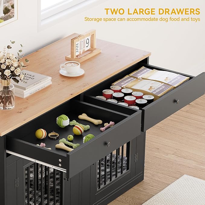 DWVO 60 Inch Double Dog Crate Furniture for 2 Dogs, Heavy Duty Wooden Dog Crate TV Stand with Removable Divider & Storage Drawers, Dogs Kennel Indoor Furniture Double Sliding Barn Door, Black