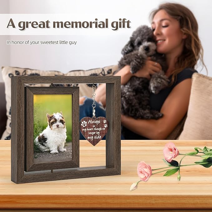 Dog Memorial Gifts – Rainbow Bridge Pet Loss Picture Frame with Rotating Double-Sided 4x6 Display, Wooden Pet Memorial Frame with Hanging Heart Charm, Sympathy Gift for Loss of Dog or Cat