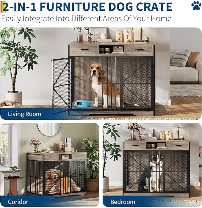 Dog Crate Furniture with Drawers, 44 Inch Heavy Duty Indoor Dog Kennel, Wooden Pet Crate End Table with Double Doors, Storage Compartment for Small Medium Large Dogs, Vintage Brown and Black