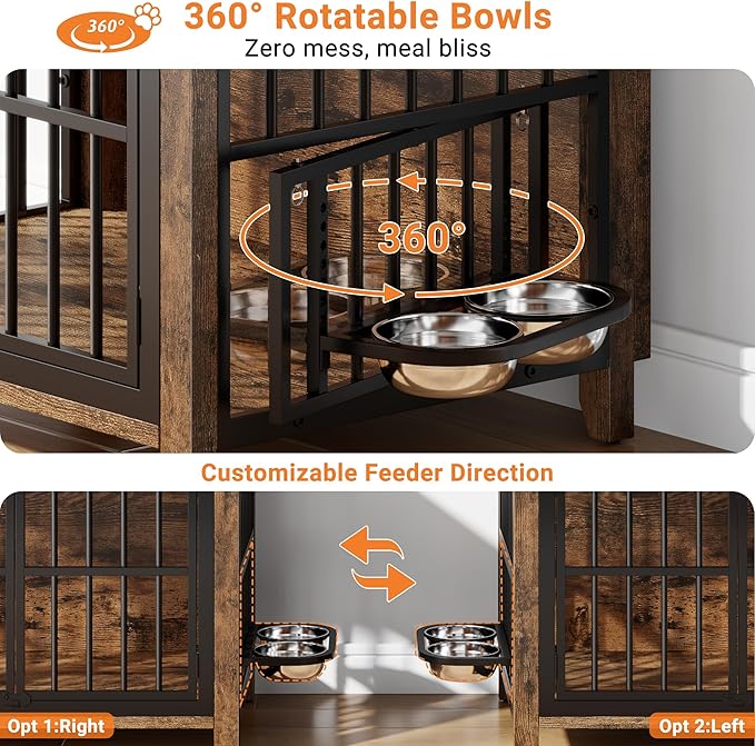 31.5" Dog Crate Furniture, Wooden Dog Kennel Indoor with 360° Rotating Feeder and 2 Adjustable Bowls, Decorative Side End Table Dog Cage for Medium and Small Dogs, Rustic Brown