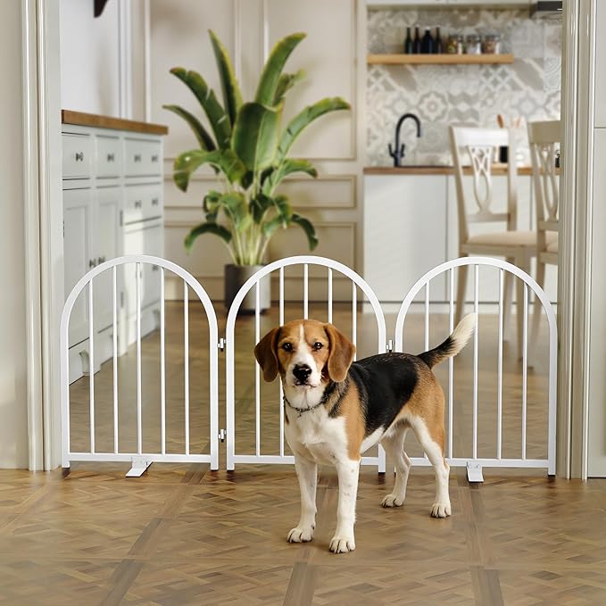Full Metal Dog Gate for Indoor Outdoor, 24" Tall Free Standing Pet Dog Fence, 54" Wide Arched Pet Gates for Stairs, Hallways, Doorways, Kitchen, Decks, Yards (White, 3 Panels)