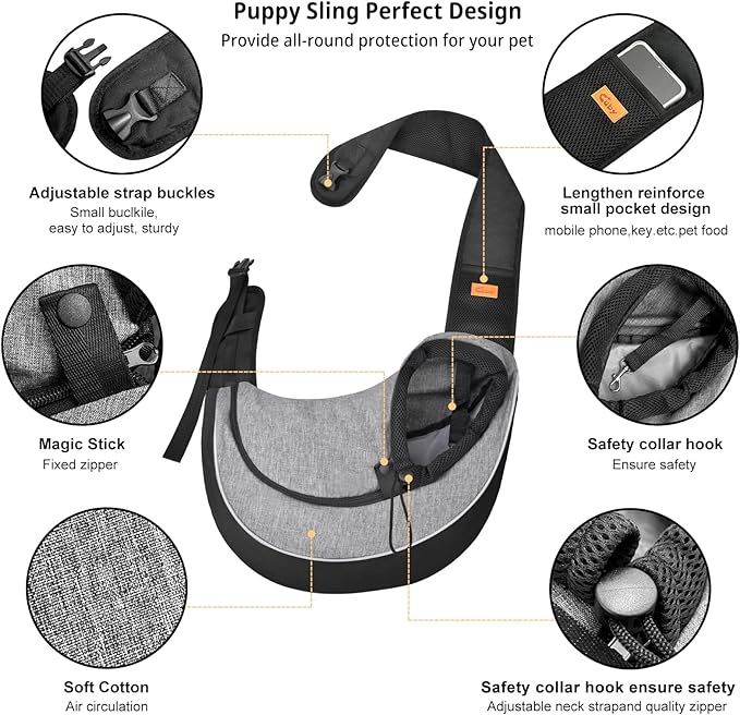 Cuby Pet Sling Carrier for Small Dogs Cats,Drawstring & Zipper Security Hook Triple Designs for Pets' Securty Dog Bag,Breathable Travel Pet Puppy Sling Carrier with Adjustable Strap(L (9.5-13.5 lbs))