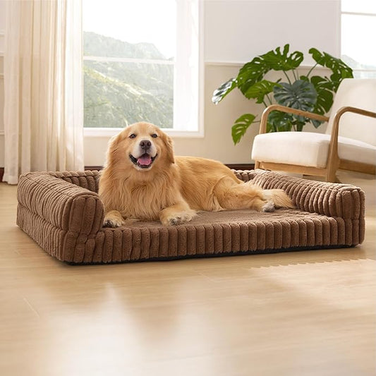 Bedsure ComfyFleece™ Orthopedic Dog Beds for Extra Large Dogs, Waterproof Memory Foam XL Pet Bed with Sides, Non-Slip and Egg-Crate Foam Big Dog Couch Sofa with Washable Corduroy Cover, Brown
