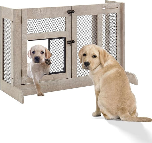 unipaws Dog Gate Indoor, Separates Puppy and Large Dogs, Walk Through Pet Gate with Dog Door, Free Standing, Adjustable 33.3-41.6 Inches Wide, Gray, Metal & Wood