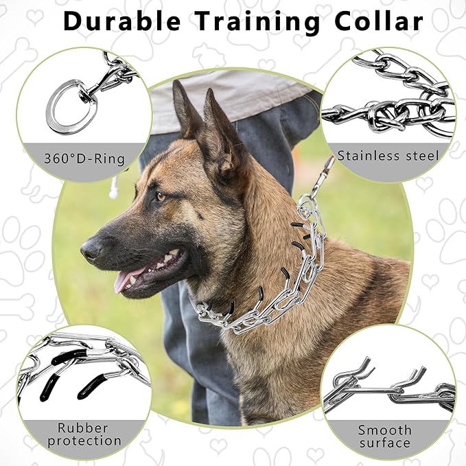 Adjustable Dog Collar, Pinch Collar for Dogs,Dog Training Collar for Small Medium Large Dogs,Metal Prong Collar with Comfort Rubber Tips (Medium, 3.0mm,19.6-Inch)