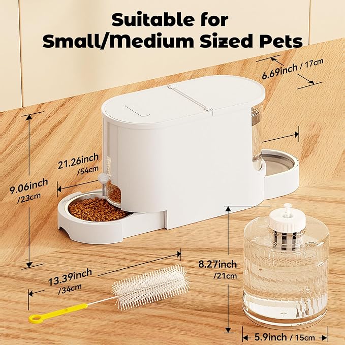 Automatic Cat Feeder 2-in-1 Set, Gravity Cat Food Feeder and Water Dispenser, Dog Feeding & Watering Supply with Stailess Steel Bowls, Large Capacity Low Noise, White