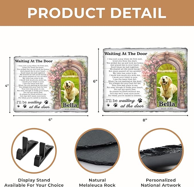 Personalized Dog Memorial Stone – Waiting at The Door Poem | Custom Photo Plaque for Dog or Cat Loss | Pet Remembrance Stone for Grave or Garden | Memorial Gifts for Pet Lovers