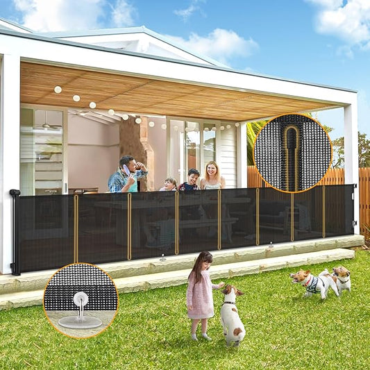 Retractable Baby Gates Extra Wide 150" (12.5 FT) x 34" Tall, Indoor/Outdoor Retractable Gate for Doorways, Stairs, Hallways, Decks, Garage,Black Retractable Dog Gate with Fiberglass Reinforcement Rods