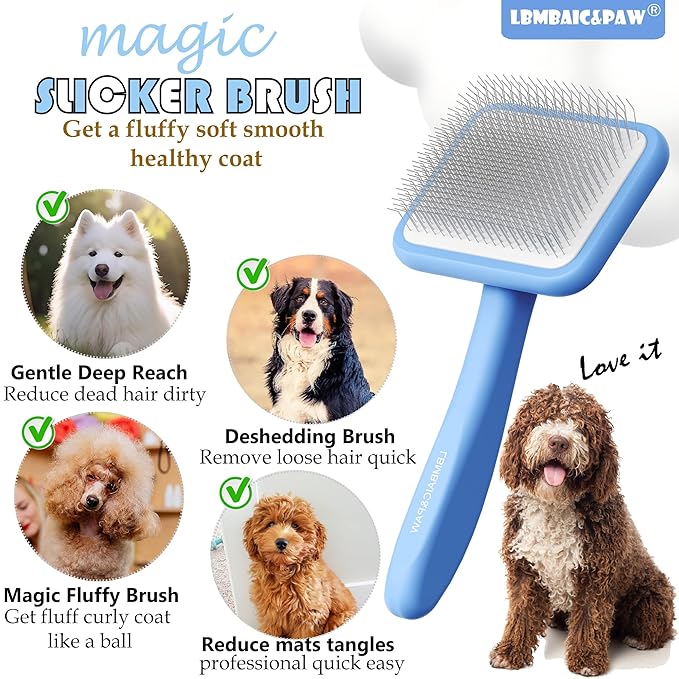 Dog Slicker Brushes for Poodles,Doodles,Goldendoodle,Bernedoodle.Slicker Brush for Thick Long Curly Fur Deshedding,Fluff,Grooming.Remove Loose Fur Quick Easy.Long Pin Slicker Brush.Wood body(Large)