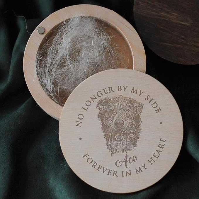 Personalized Pet Hair Keepsake Box for Dog and Cat Fur - Engraved Wood Memorial Box - Unique Customized Gift for Loss of Furry Friend Wooden (Light Round Wood/Acrylic Lid, With Photo)