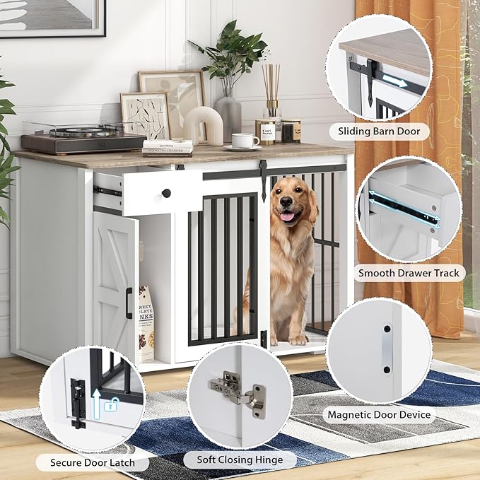 Verano Garden 44" Dog Crate Furniture, Heavy Duty Dog Kennel Indoor, 2-in-1 Furniture-Style Dog Crate with Storage Drawer & Cabinet for Small Medium Dogs, White (44" Left Facing Door)