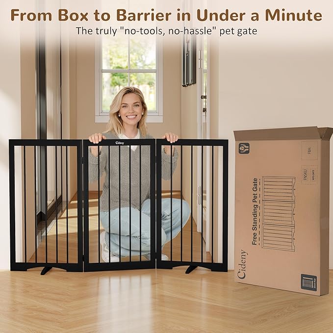32" Extra Tall Freestanding Dog Gate, Foldable Pet Gate for Doorways Stairs Hallways, 3-Panel Dog Fence with Support Feet for Stability, Folding Puppy Gate Easy to Carry No Drilling 54"x32"
