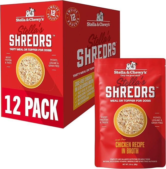 Stella & Chewy's Cage-Free Chicken Shredrs - Premium Dog Food Pouches - Perfect for Picky Eaters - 12 Pack, 2.8oz Each