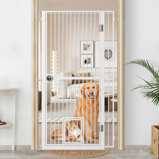 61" Extra Tall Cat Gate for Doorway, 34.3"-36.7" Adjustable Wide Dog Door with Cat Door, 1.37" Gap for Pet Gates, Suitable for Doorways or Kitchen, No Drilling Pressure Mount Kit, White