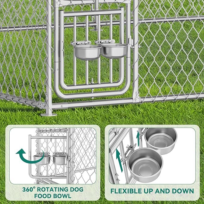YITAHOME 14.8'x14.8' Large Outdoor Dog Kennel with Rotating Feeder Bowls, Outdoor Dog Enclosure with Roof, Heavy Duty Dog Cage for Large Dogs