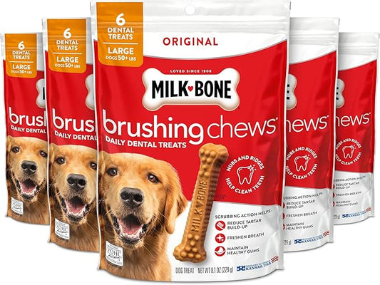 Milk-Bone Brushing Chews Original Chicken Flavor Daily Dental Dog Treats, Large, 8.1 Oz. Bag (Pack of 5)