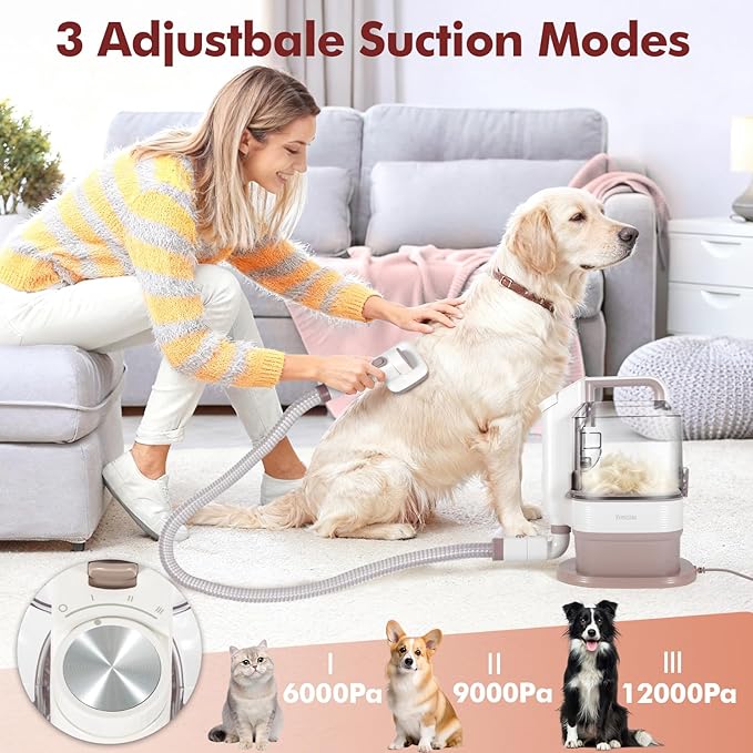 Dog Grooming Vacuum, 12000Pa Powerful All-in-One Pet Grooming Vacuum for Dogs Cats, Low Noise Pet Hair Clipper with 3.2L Dust Cup for Shedding Pet Hair, Low Noise, 3 Levels, White