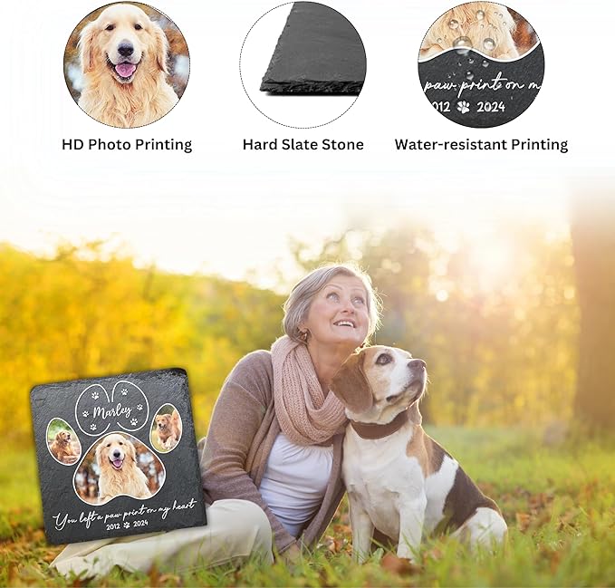 Wrappiness Pet Memorial Stone - You Left A Paw Print On My Heart, Personalized Dog Memorial Gifts, Remembrance Condolences Bereavement Gifts for Loss of Pet Custom Photo (Square 03, Stone)