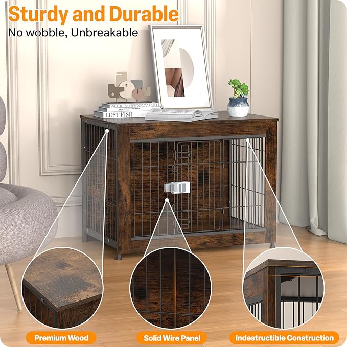 Furniture Style Dog Crate, 32" Wooden Dog Kennel End Table with Solid Top, Indoor Pet Crate House with Secure Slide Lock, Modern Dog Cage Furniture for Small & Medium Dogs, Aged Black