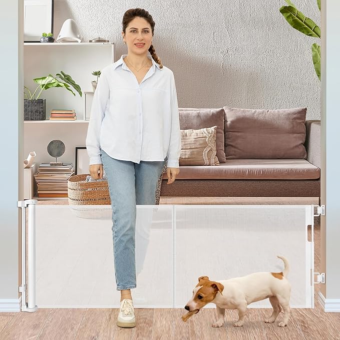 24 Inches Tall Retractable Dog Gate for The House, Short Baby Gates to Step Over, Extends up to 55" Wide, Reinforced Mesh Puppy Gate for Doorways, Step Over Pet Gate for Stairs, Indoor/Outdoor (White)