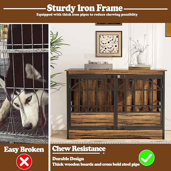 COZPAW 52 Inch Dog Crate Furniture, Extra Large Dog Kennel Indoor for XLarge Breed, Heavy Duty Dog Cage with Double Elegant Arched Doors, Decorate as TV Stand & End Table (Cognac Brown)