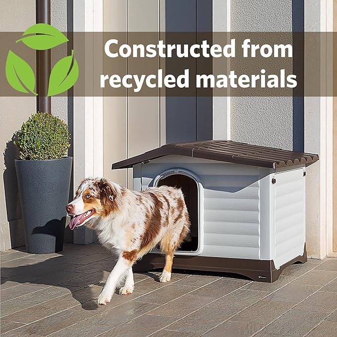 Ferplast Dog Villa Medium Indoor and Outdoor Dog House, Measures 35.04L x 25.4W x 28.5H Inches, Ventilated with Patented Fold-Out Porch, Cream with Dark Brown Bottom, Part # 87255099