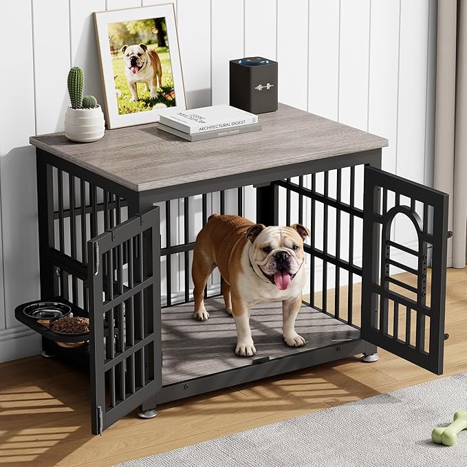 Lulive Dog Crate Furniture 31.5" Wooden Dog Kennel Table with Bowls Heavy Duty Dog Crates for Small/Medium/Large Dogs, Dog Kennel Furniture Indoor as TV Stand End Table,Grey