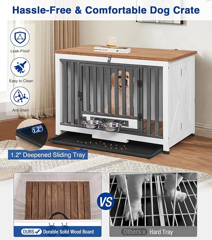 Dog Crate Furniture, Foldable Wooden Dog Kennel Furniture with 360° Rotating Feeding Bowls, Iron Frame Dog Crate with Deepened Sliding Tray, 33" L - White Brown