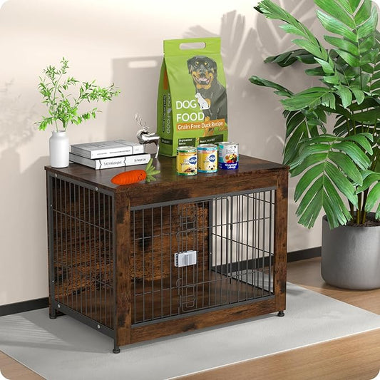 Dog Crate Furniture, Wooden Dog Crate 32in, Decorative Cage with End Table for Dog Indoor Kennel, High Anxiety Dog, Escape-Proof Locks for All Breeds