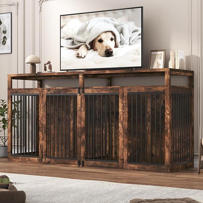 87In Extra Large Dog Crate Furniture for 2 Dogs, Farmhouse Dog Kennel Furniture, Dog Crate TV Stand with Solid Metal Tube & 4 Lockable Doors, Heavy-Duty Double Cage Dog, Rustic Brown