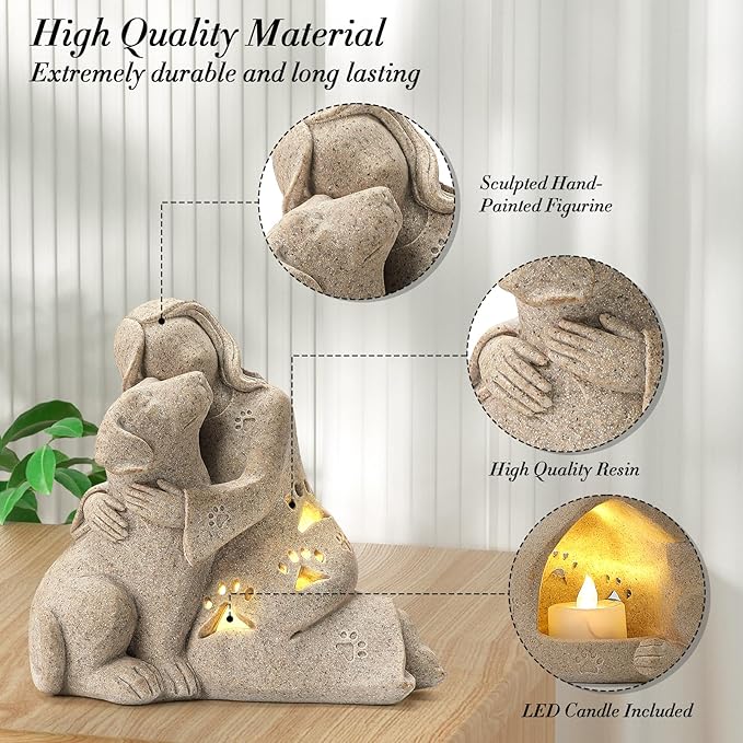 INLOMEM Dog Memorial Gift, Granite Sculpture, Hand-Sculpted Resin Pet Loss Sympathy Gift with LED Candle Holder, Home Decor for Pet Owners