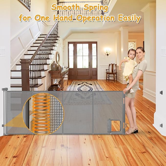 Reinforced 120 Inch Extra Large Retractable Dog Gate with Cat Door 10ft Extra Wide Baby Gates for Large Openings 33 Inch Tall Pet Gate Indoor with Reinforced Strips Long Baby Gates With Cat Door, Gray