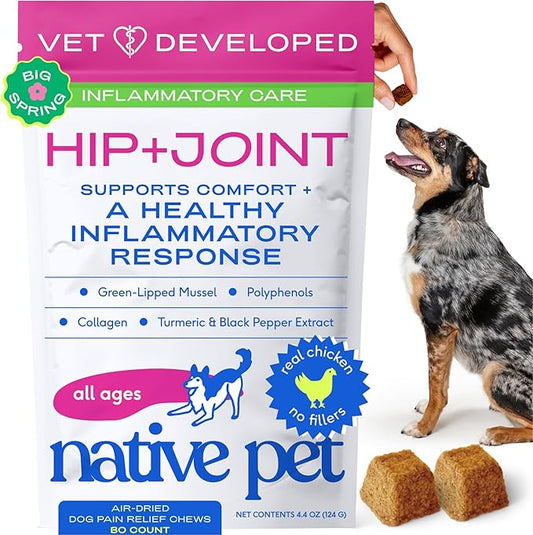Native Pet Inflammatory Care - Pain Relief for Dogs - Green-Lipped Mussel, Turmeric & Collagen for Dogs - Hip and Joint Supplement Supports Healthy Inflammatory Response & Joint Comfort - 60 Chews