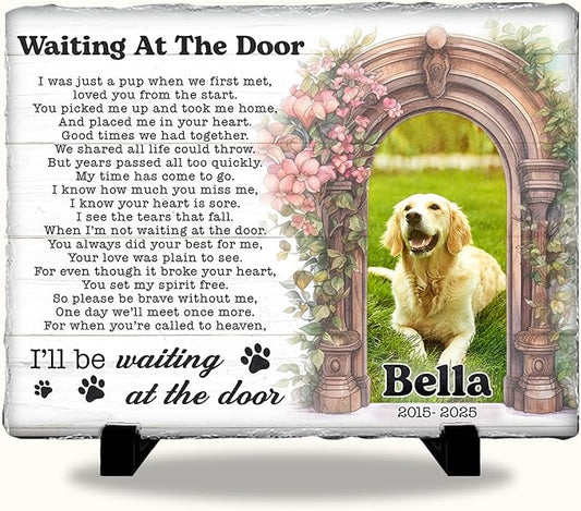 Personalized Dog Memorial Stone – Waiting at The Door Poem | Custom Photo Plaque for Dog or Cat Loss | Pet Remembrance Stone for Grave or Garden | Memorial Gifts for Pet Lovers