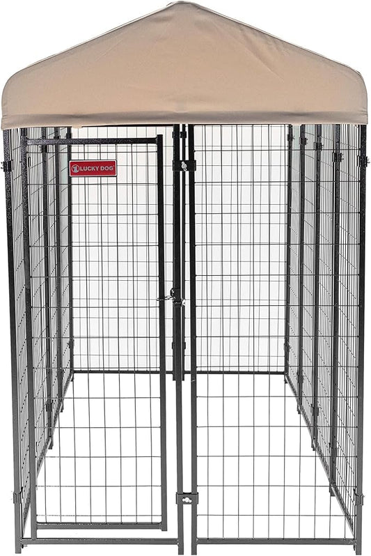 Lucky Dog Stay Series 4 x 8 Feet Villa Black Powder Coat Steel Frame Large Outdoor Dog Kennel with Waterproof Canopy Roof and Single Gate Door, Khaki