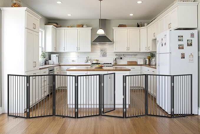 Vantas Folding No-Assembly Metal Pet Gate 160" Wide, 32" Extra Tall Dog Gate with Door Walk Through, Freestanding Accordion Puppy Gate Dog Door for Indoor & Outdoor, with 4PCS Support - Black