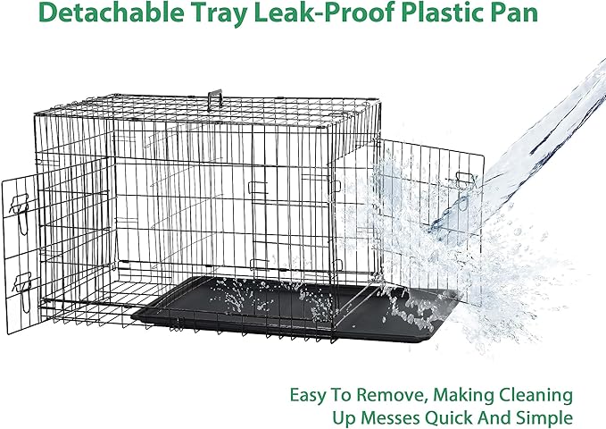Foldable Dog Cage - 42 Inch Kennel, Double Door w/Leak-Proof Tray, Collapsible Metal Cage for Medium Dogs, Indoor Use