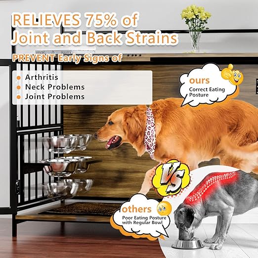 41 Inch Furniture Style Large Dog Crate with 360° & Adjustable Raised Feeder for Dogs 2 Stainless Steel Bowls -End Table House Pad, Indoor Use Brown