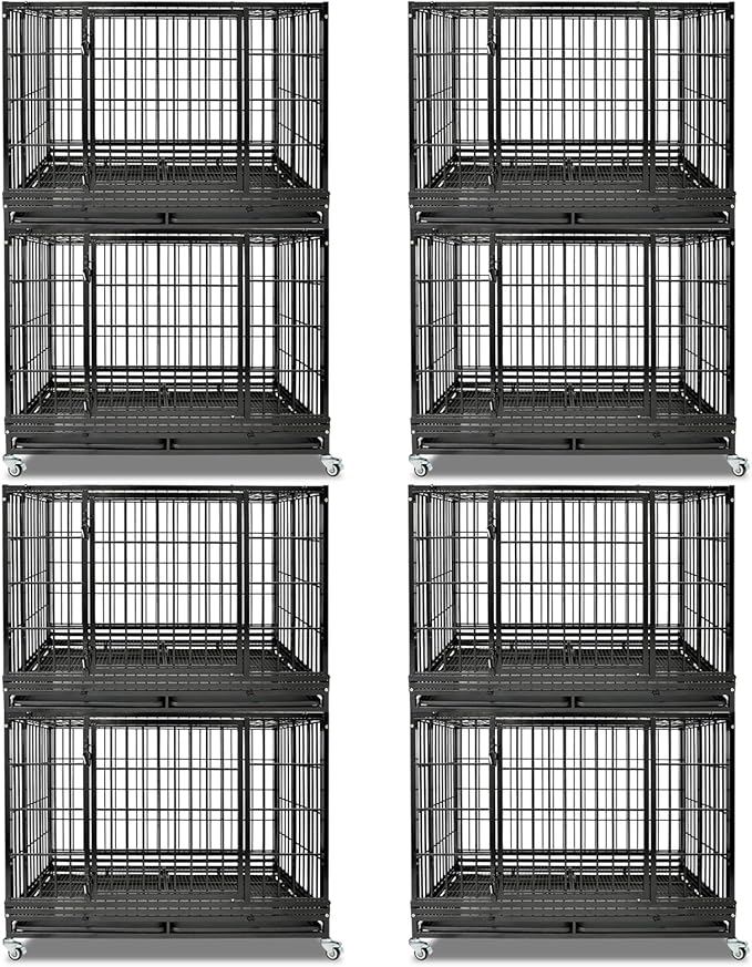 Heavy Duty Indestructible Dog Crate 47 Inch with Removable Tray, Escape Proof Metal Dog Cage Kennel Indoor with Top Door & Auto-Locks, Stackable Big Dog Crate for High Anxiety Large Dogs, XL(8-Pack)
