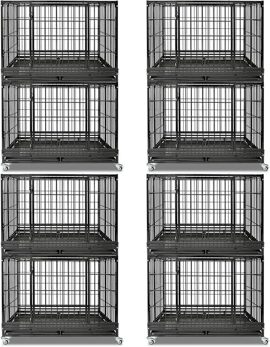 Heavy Duty Indestructible Dog Crate 47 Inch with Removable Tray, Escape Proof Metal Dog Cage Kennel Indoor with Top Door & Auto-Locks, Stackable Big Dog Crate for High Anxiety Large Dogs, XL(8-Pack)
