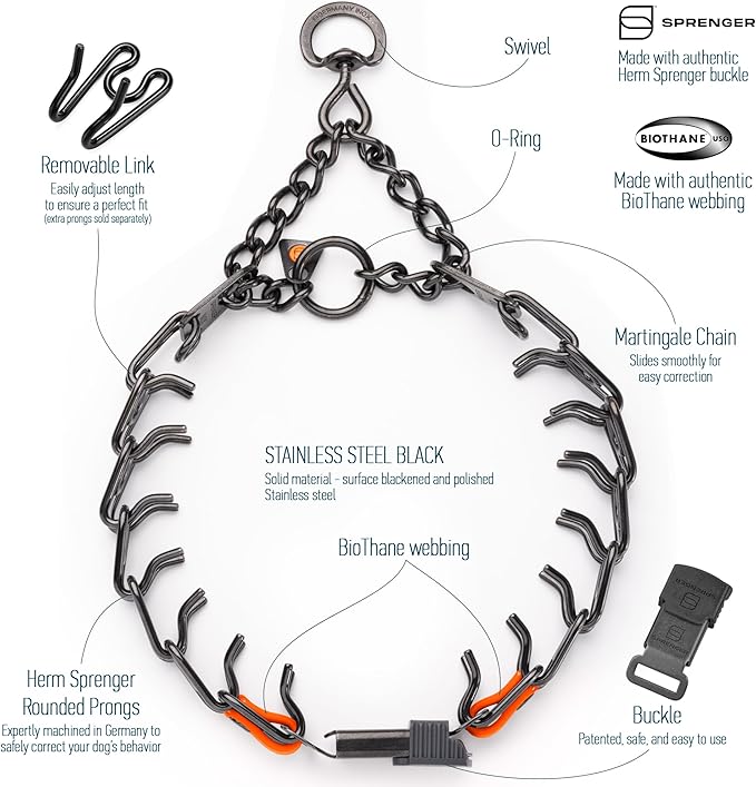 Herm Sprenger Black Stainless Steel Dog Collar with Short Links and Quick Release ClicLock Buckle and Biothane Insert Made in Germany 20in x 3.0mm (Neck Size up to 16-17in) (Hunter Orange)